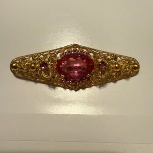 Vintage Czech Filigree Brooch – Pink Glass Stone – Stamped CZECHOSLOVAKIA